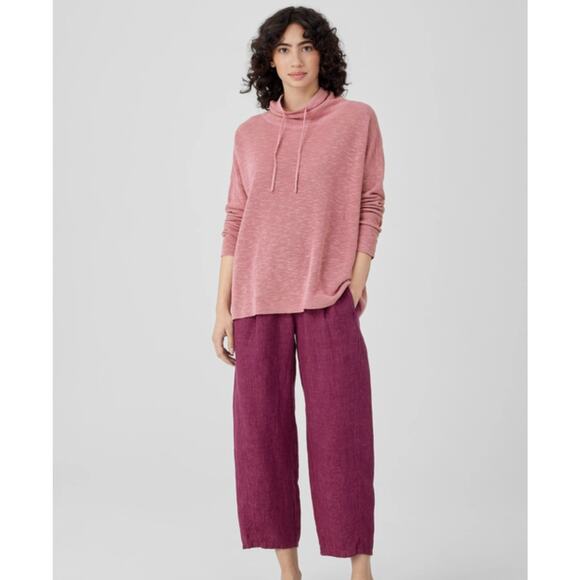 Eileen Fisher PINK Organic Linen Cotton Slub Funnel Neck Top Hoodie Sweater L - Picture 1 of 15